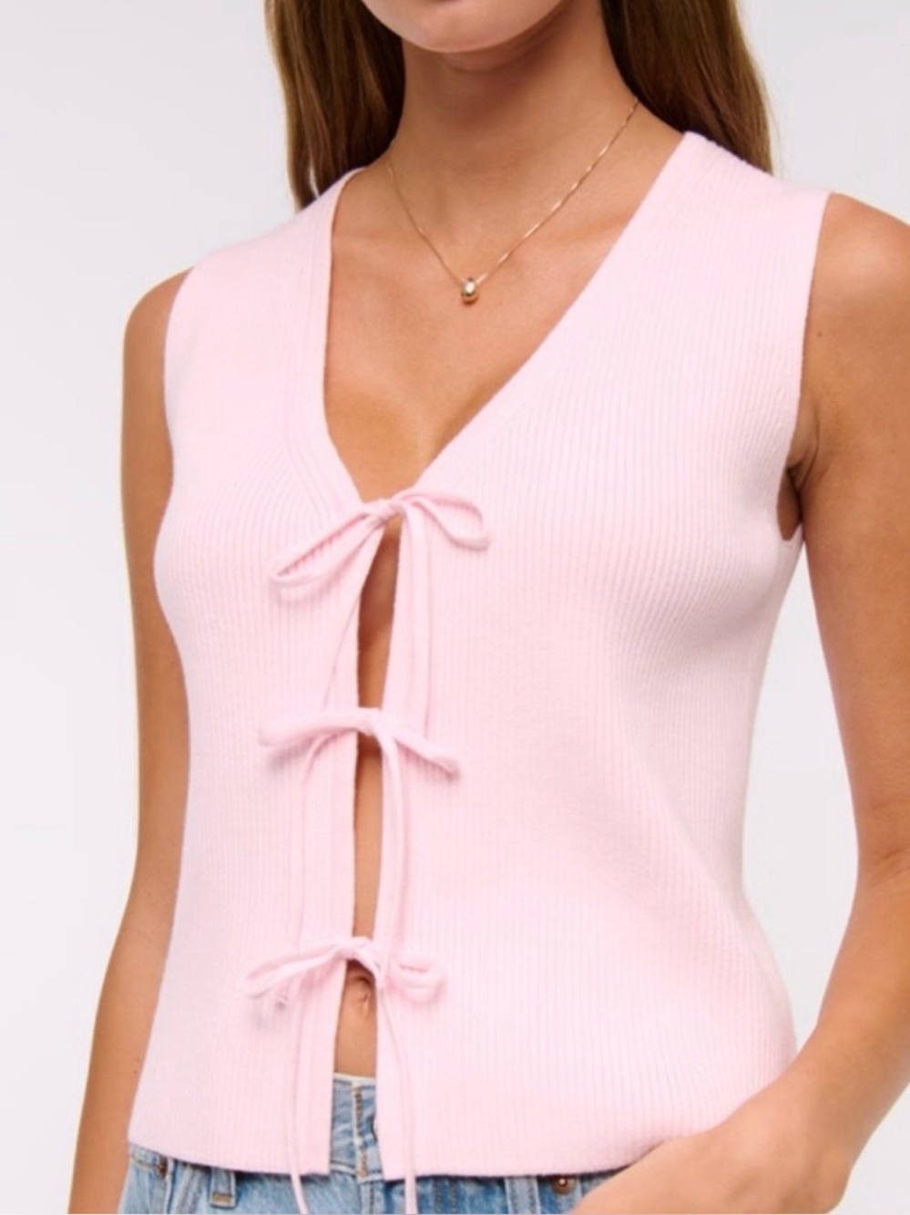 Pink Ribbed Knit V-Neck Tie Front Sleeveless Top
